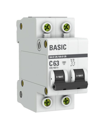 Автоматический выключатель 2P 63А (C) 4,5кА ВА 47-29 Basic (mcb4729-2-63C). Автоматический выключатель. EKF в Кургане